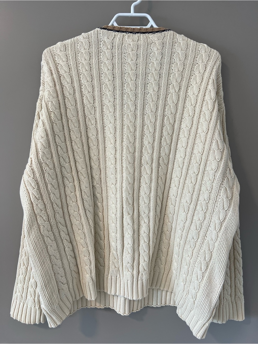 G.H. Bass & Co. Cream Cable Knit V-Neck Sweater with Tan & Navy Trim - Picture 3 of 3